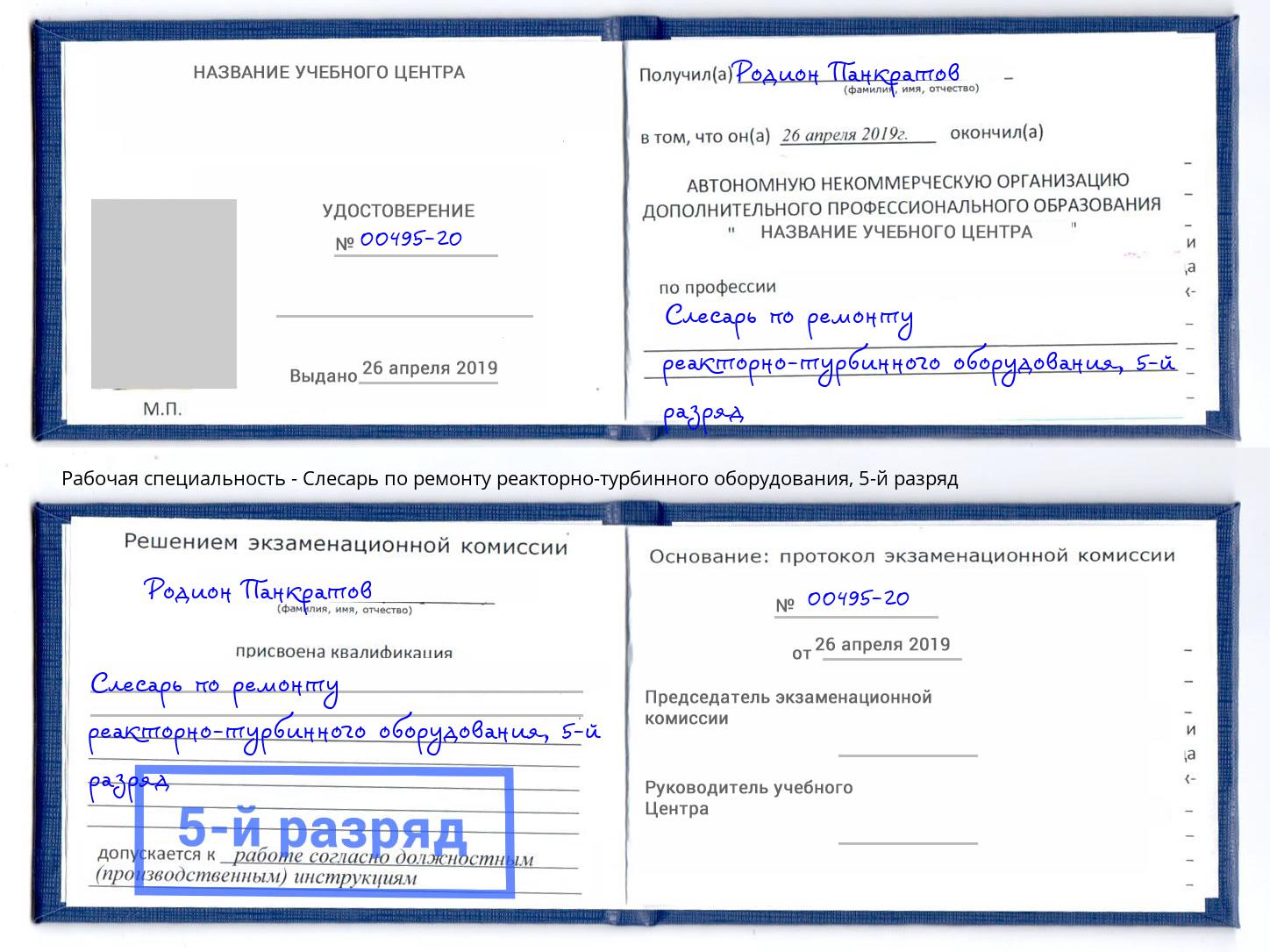 корочка 5-й разряд Слесарь по ремонту реакторно-турбинного оборудования Краснознаменск