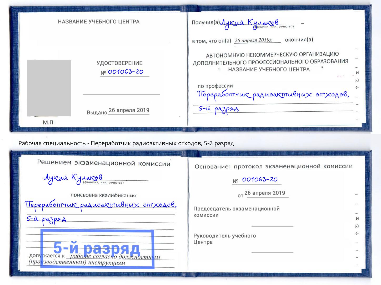 корочка 5-й разряд Переработчик радиоактивных отходов Краснознаменск