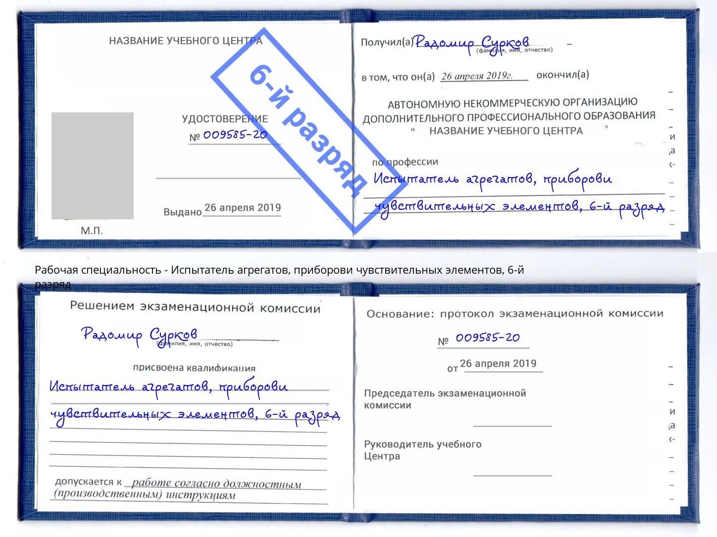 корочка 6-й разряд Испытатель агрегатов, приборови чувствительных элементов Краснознаменск
