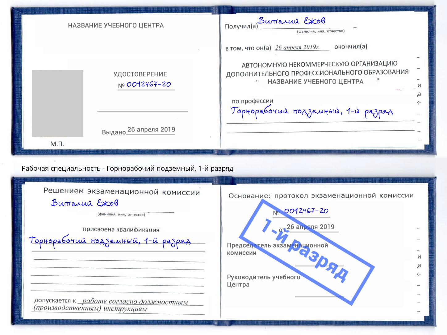 корочка 1-й разряд Горнорабочий подземный Краснознаменск