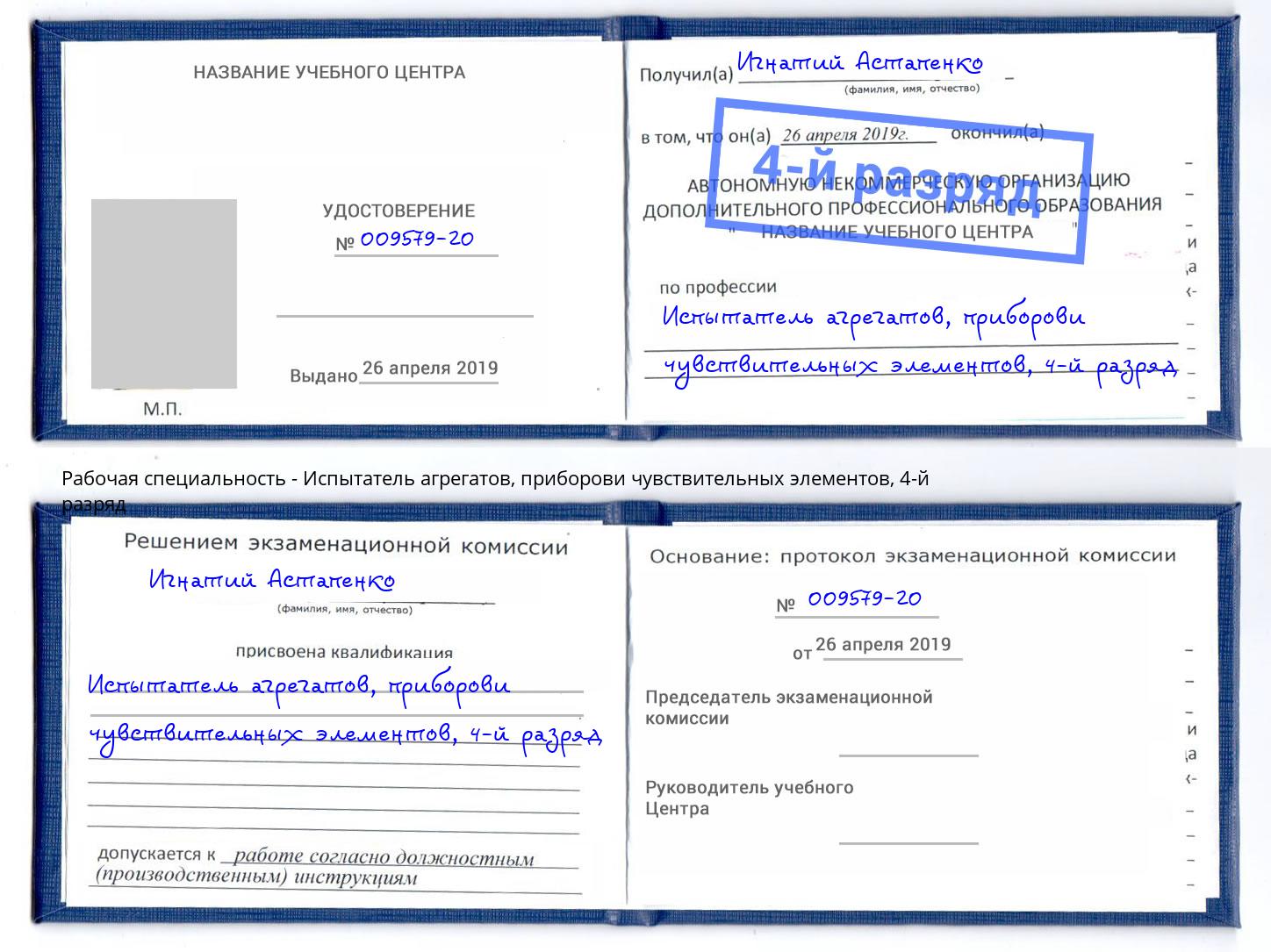 корочка 4-й разряд Испытатель агрегатов, приборови чувствительных элементов Краснознаменск