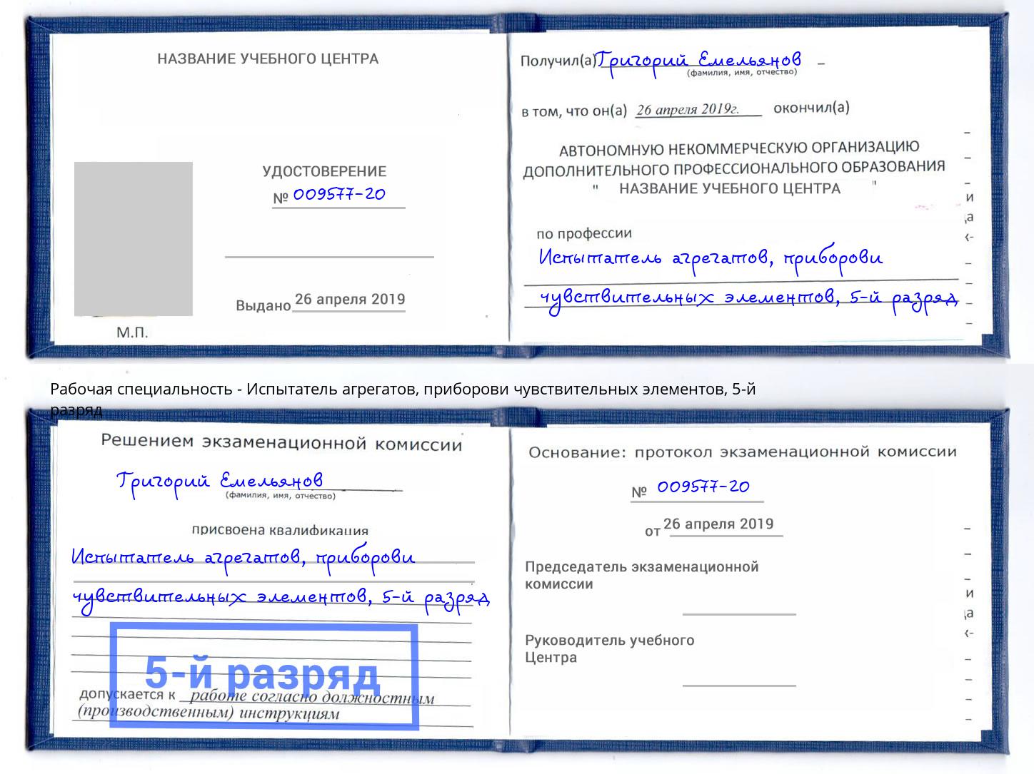 корочка 5-й разряд Испытатель агрегатов, приборови чувствительных элементов Краснознаменск
