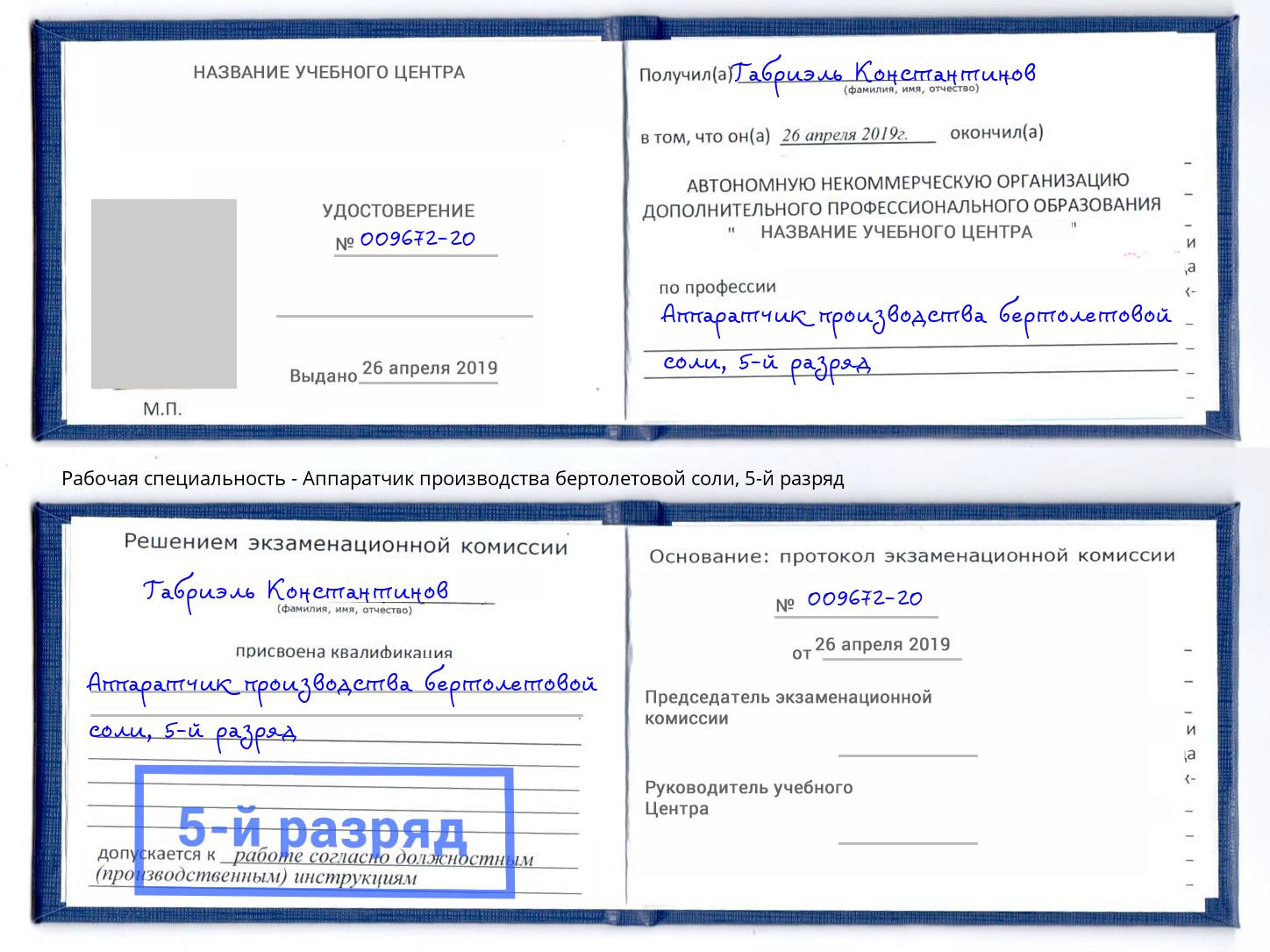 корочка 5-й разряд Аппаратчик производства бертолетовой соли Краснознаменск