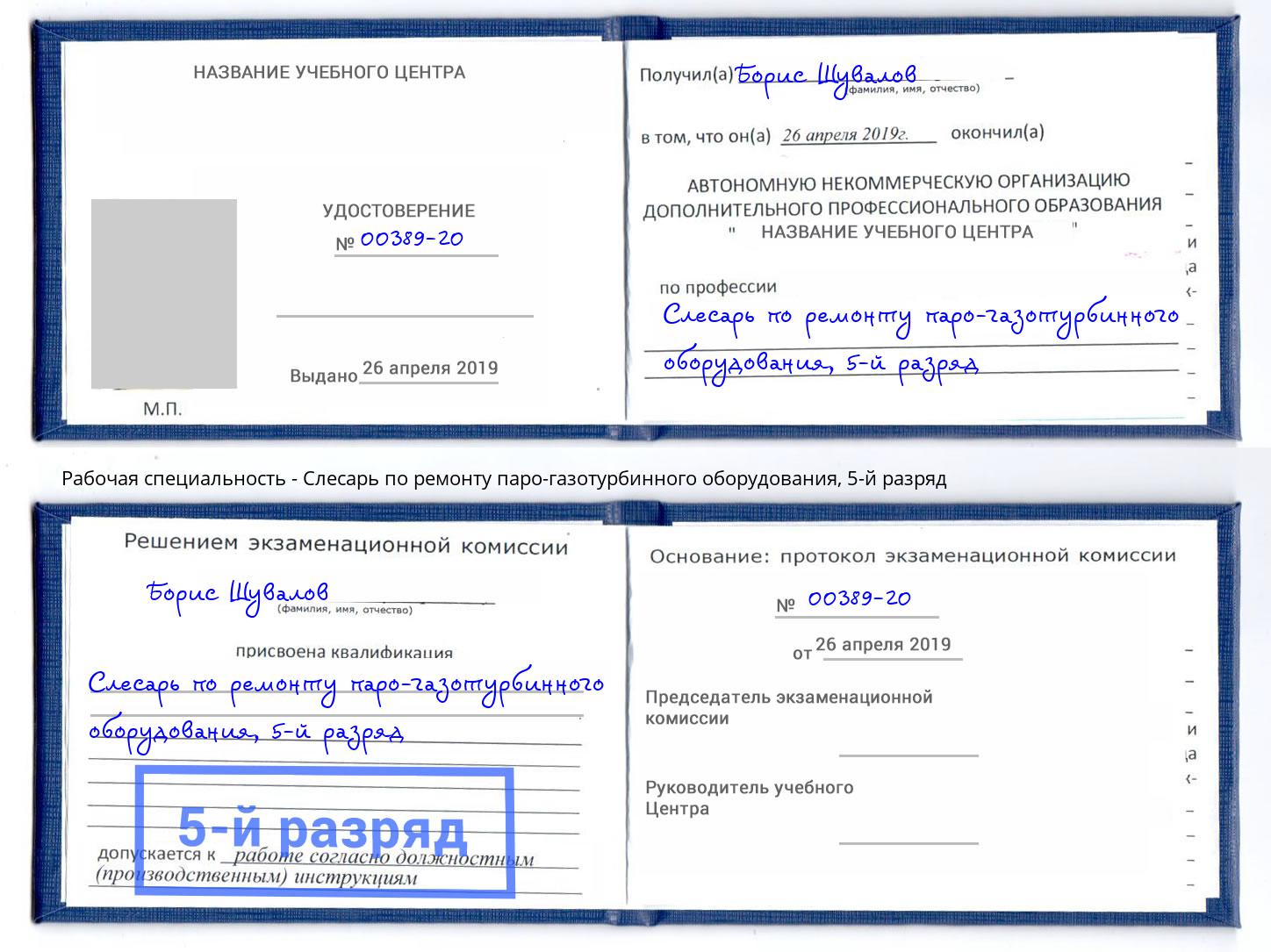 корочка 5-й разряд Слесарь по ремонту паро-газотурбинного оборудования Краснознаменск