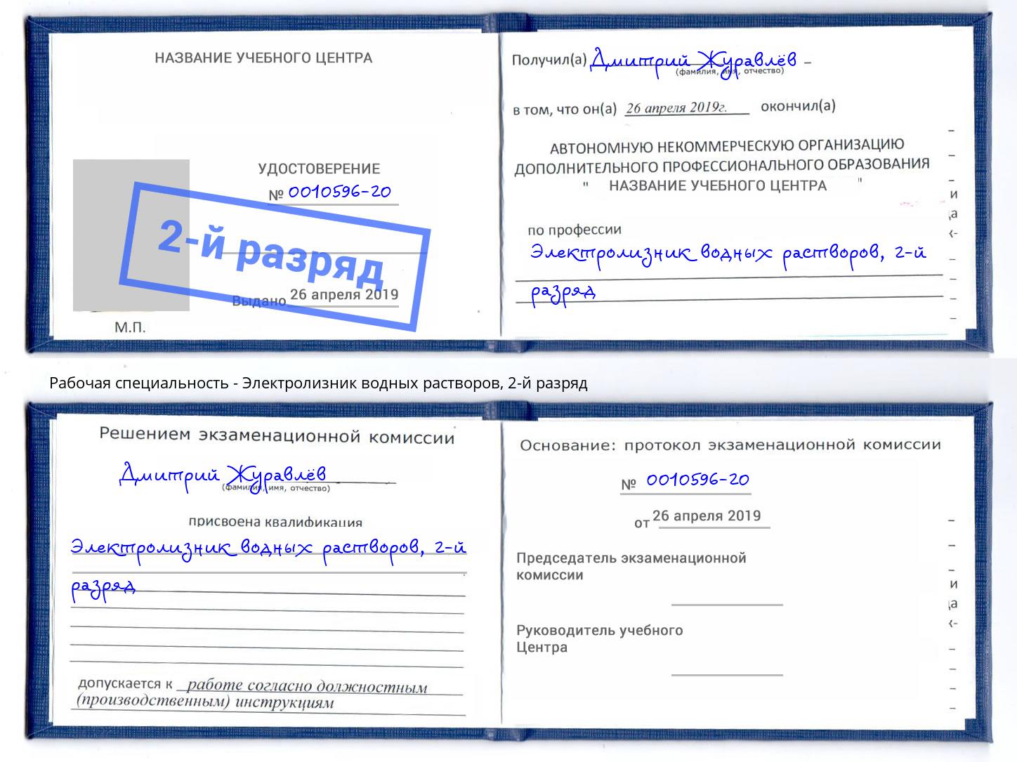 корочка 2-й разряд Электролизник водных растворов Краснознаменск