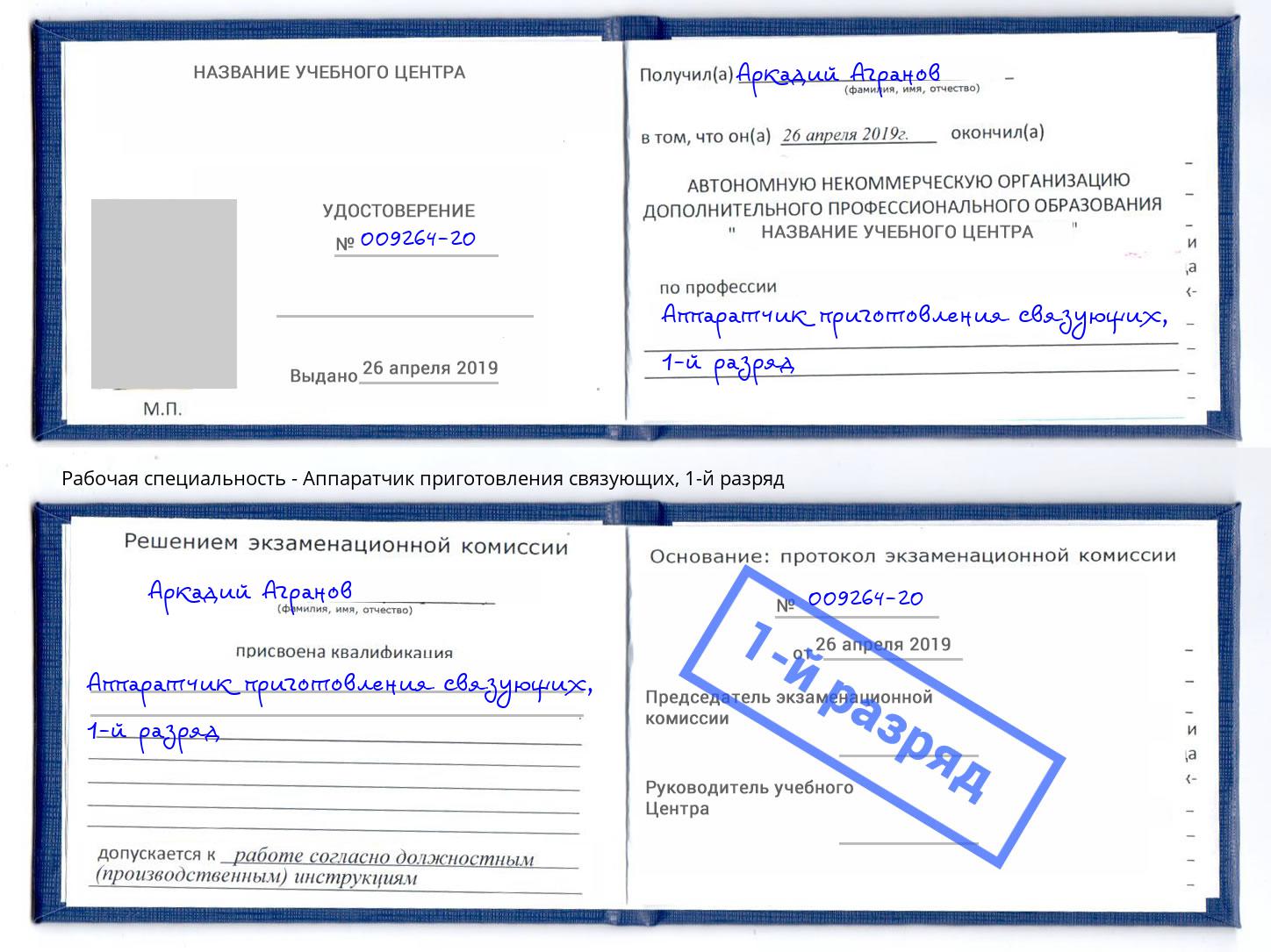 корочка 1-й разряд Аппаратчик приготовления связующих Краснознаменск