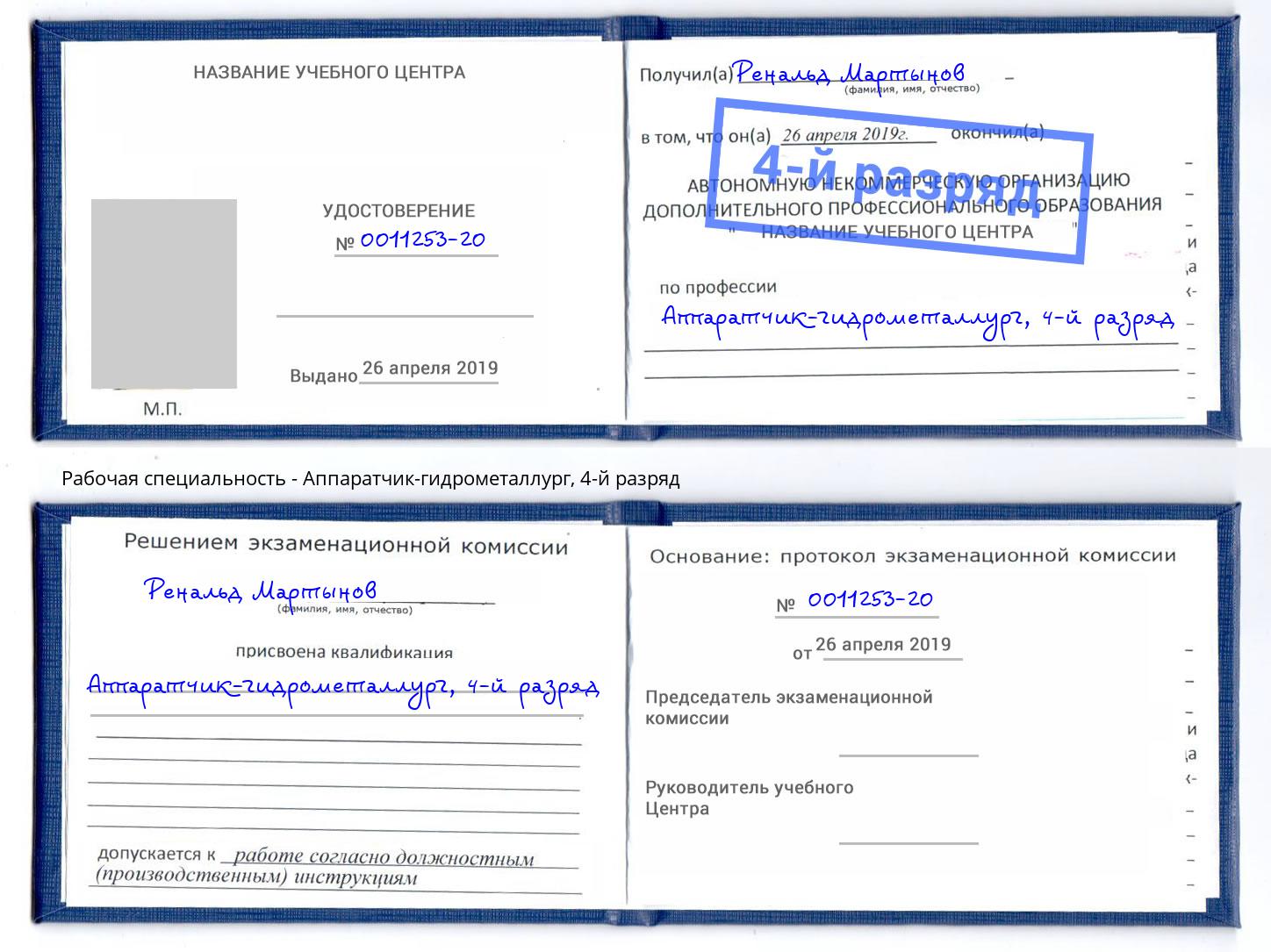 корочка 4-й разряд Аппаратчик-гидрометаллург Краснознаменск
