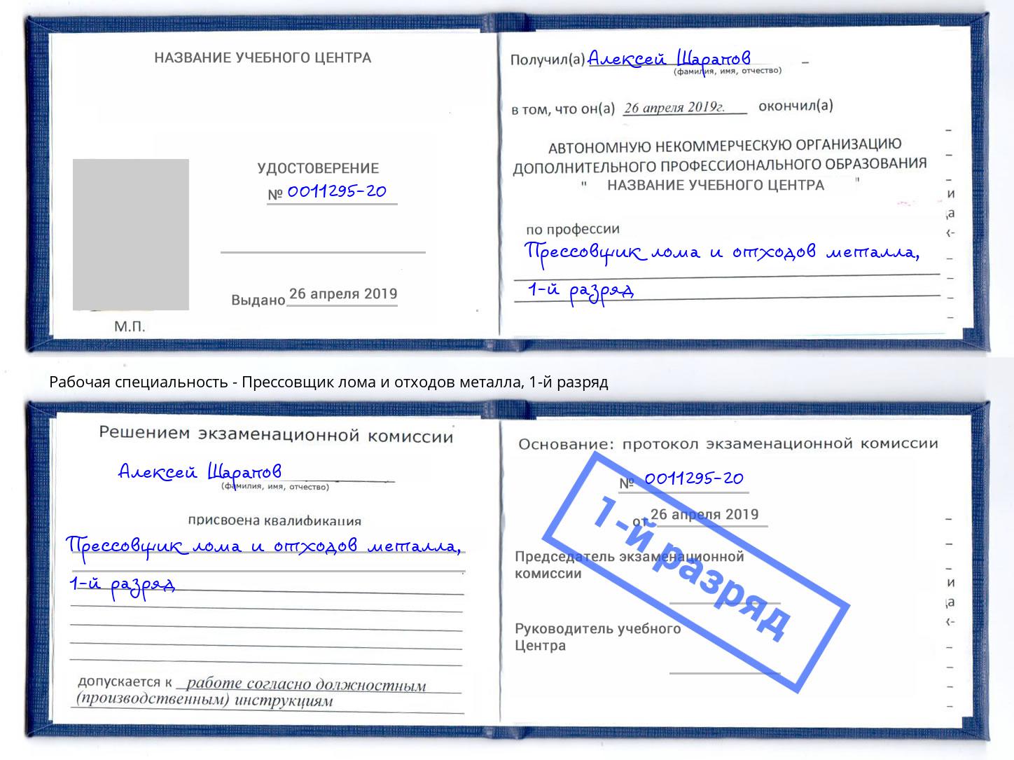 корочка 1-й разряд Прессовщик лома и отходов металла Краснознаменск