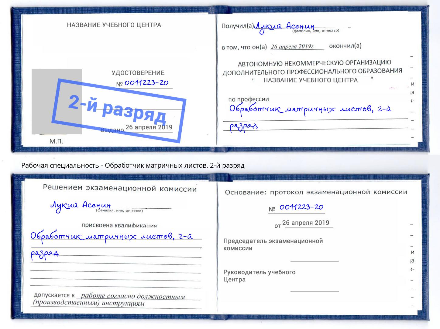 корочка 2-й разряд Обработчик матричных листов Краснознаменск