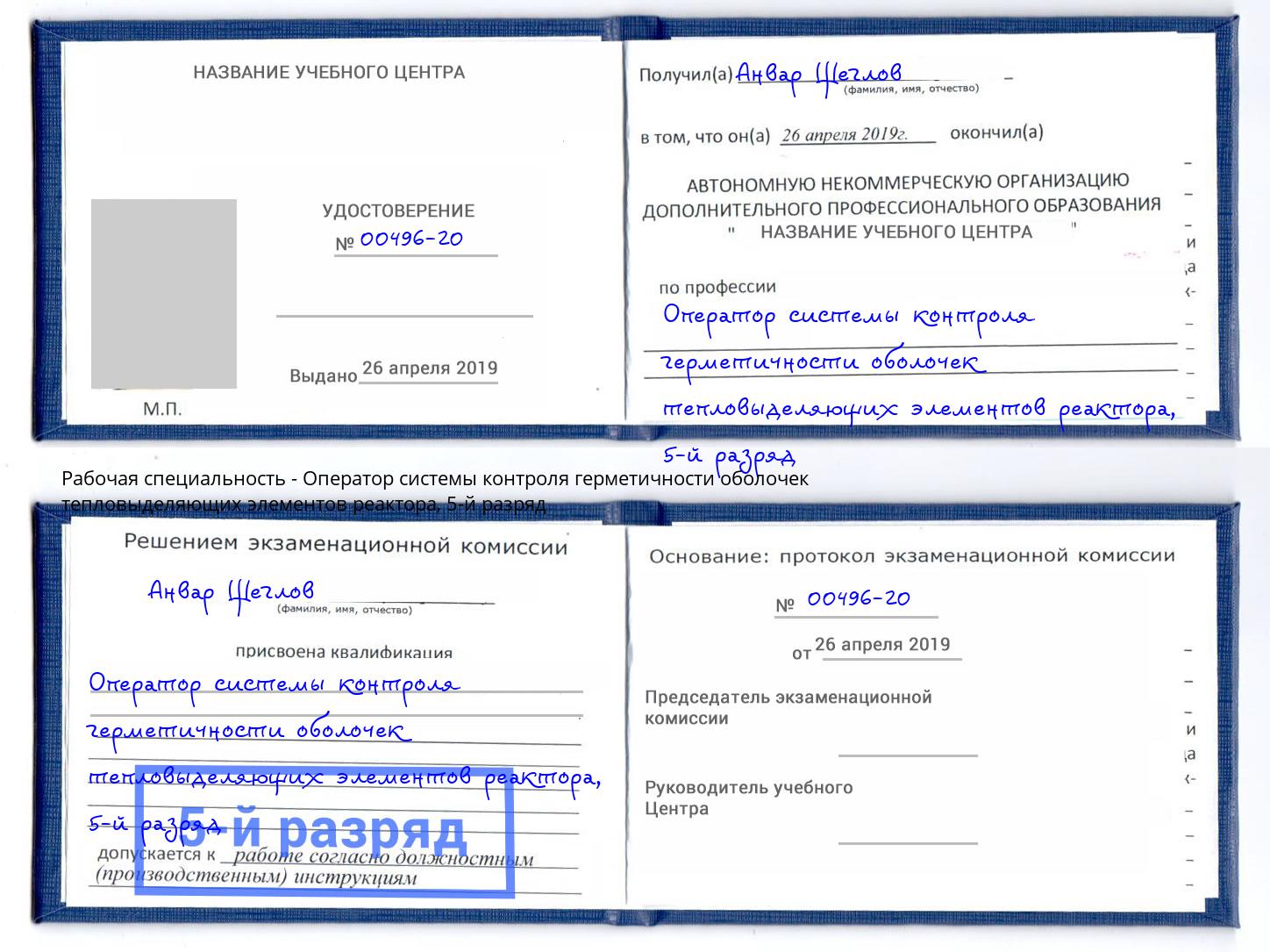 корочка 5-й разряд Оператор системы контроля герметичности оболочек тепловыделяющих элементов реактора Краснознаменск