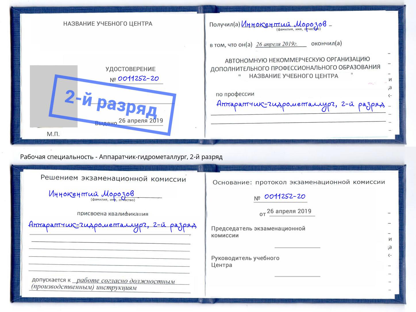 корочка 2-й разряд Аппаратчик-гидрометаллург Краснознаменск